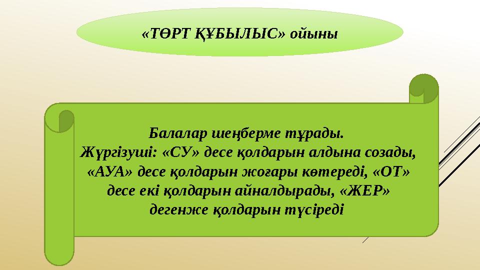 «ТӨРТ ҚҰБЫЛЫС» ойыны Балалар шеңберме тұрады. Жүргізуші: «СУ» десе қолдарын алдына созады, «АУА» десе қолдарын жоғары көтереді