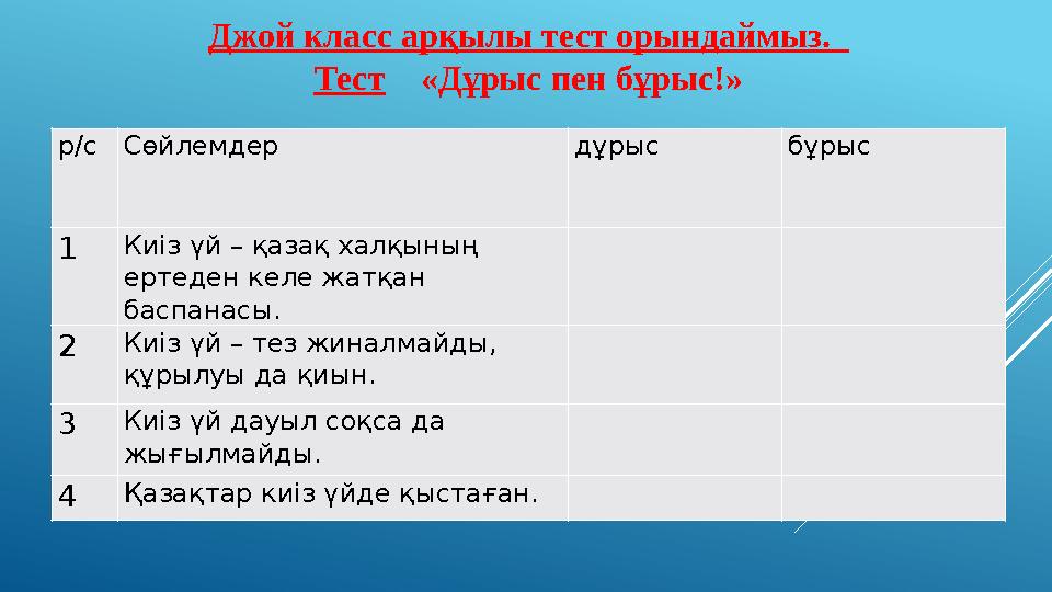 р/с Сөйлемдер дұрыс бұрыс 1 Киіз үй – қазақ халқының ертеден келе жатқан баспанасы. 2 Киіз үй – тез жиналмайды, құрылуы