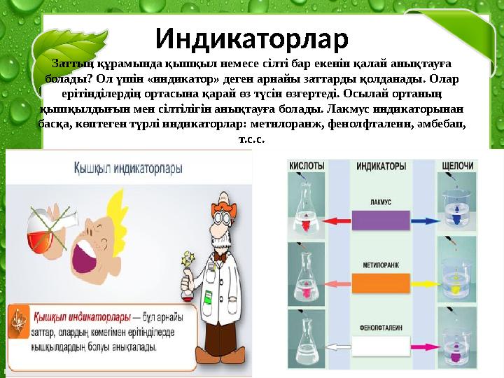 © FokinaLidia Индикаторлар Заттың құрамында қышқыл немесе сілті бар екенін қалай анықтауға болады? Ол үшін «индикатор» деген