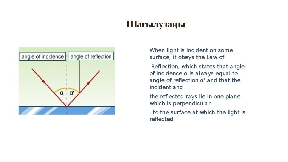 reflection Шағылузаңы When light is incident on some surface, it obeys the Law of Reflection, which states that angle of inc
