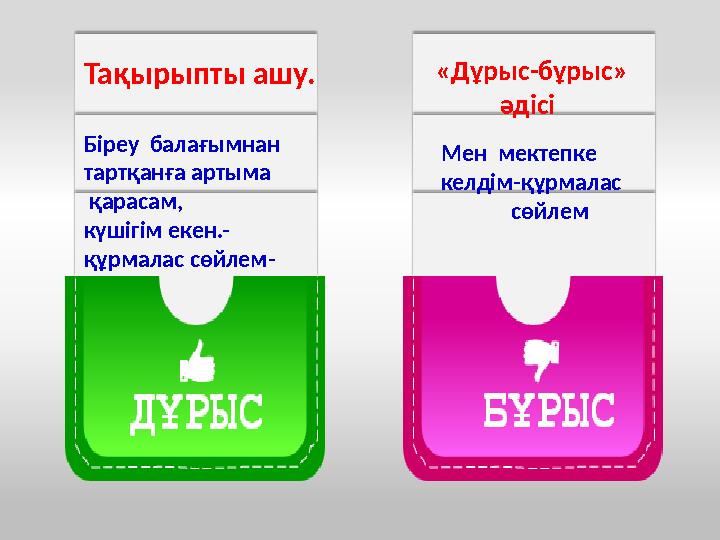 Тақырыпты ашу. «Дұрыс-бұрыс» әдісі Мен мектепке келдім-құрмалас сөйлемБіреу балағымнан тартқан