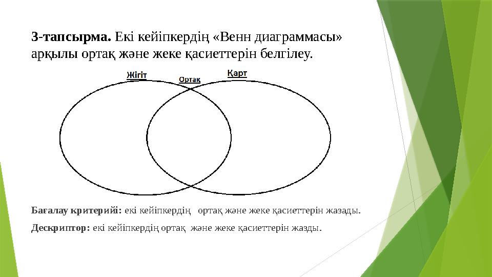 3-тапсырма. Екі кейіпкердің «Венн диаграммасы» арқылы ортақ және жеке қасиеттерін белгілеу. Бағалау критерийі: екі кейіпкерді