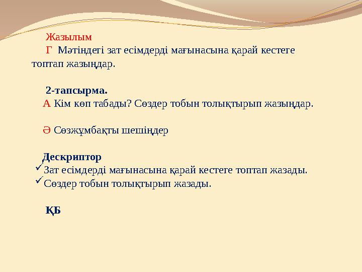 Жазылым Г Мәтіндегі зат есімдерді мағынасына қарай кестеге топтап жазыңдар. 2-тапсырма. А Кім көп та