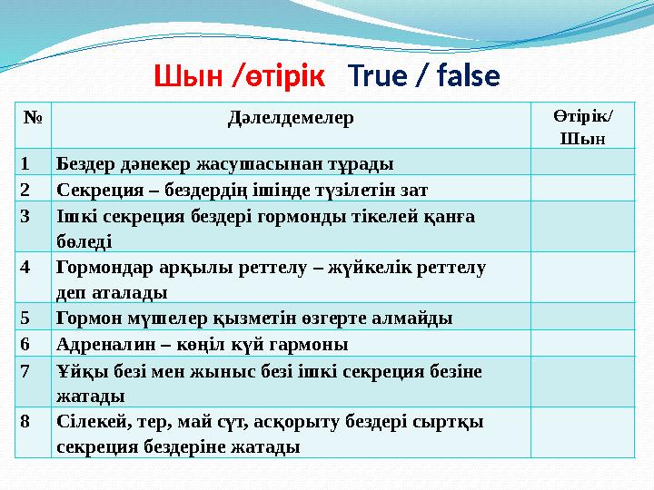 Шын /өтірік True / false № Дәлелдемелер Өтірік/ Шын 1 Бездер дәнекер жасушасынан тұрады 2 Секреция – бездердің ішінде түзіл