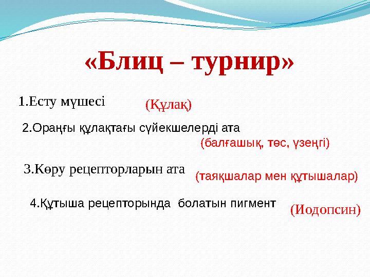 «Блиц – турнир» 1. Есту мүшесі (Құлақ) 2. Ораңғы құлақтағы сүйекшелерді ата (балғашық, төс, үзеңгі) 3. Көру рецепторларын ата