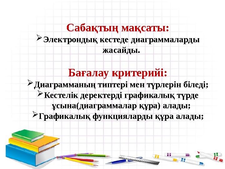 С абақтың мақсаты:  Электрондық кестеде диаграммаларды жасайды. Бағалау критерийі:  Диаграмманың типтері мен түрлерін біледі;