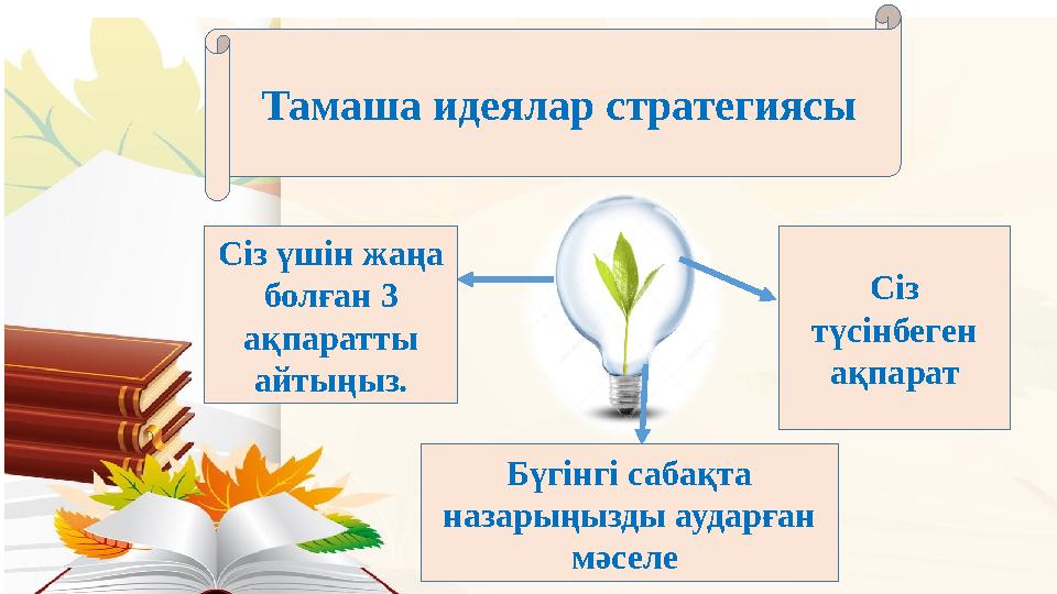 Тамаша идеялар стратегиясы Сіз үшін жаңа болған 3 ақпаратты айтыңыз. Бүгінгі сабақта назарыңызды аударған мәселе Сіз түсі