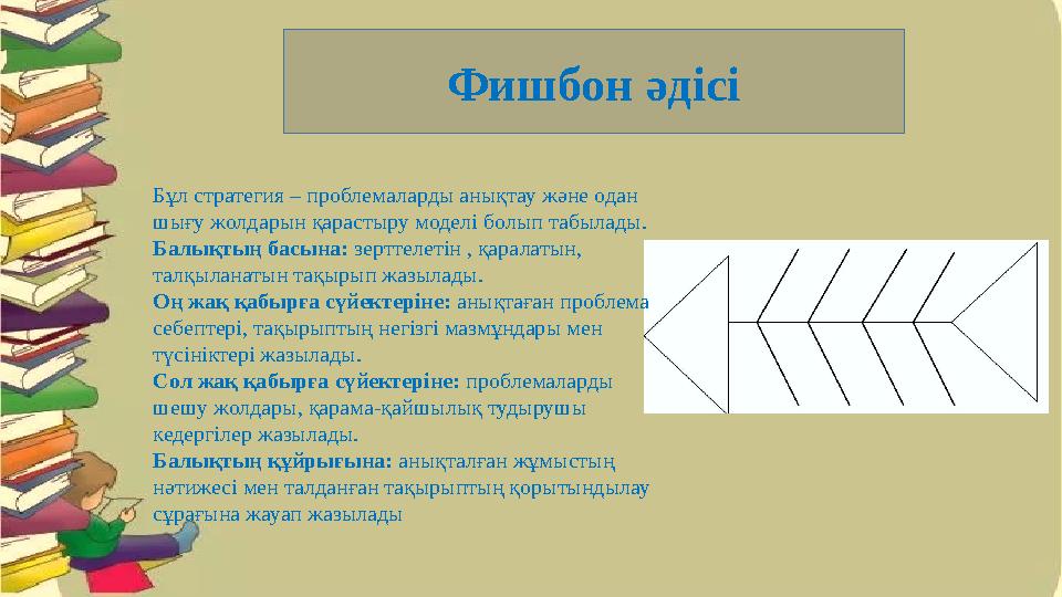 Фишбон әдісі Бұл стратегия – проблемаларды анықтау және одан шығу жолдарын қарастыру моделі болып табылады. Балықтың басына: з