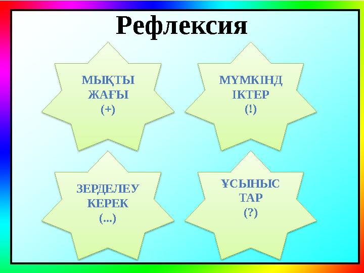 Рефлексия МЫҚТЫ ЖАҒЫ (+) МҮМКІНД ІКТЕР (!) ҰСЫНЫС ТАР (?)ЗЕРДЕЛЕУ КЕРЕК (...)