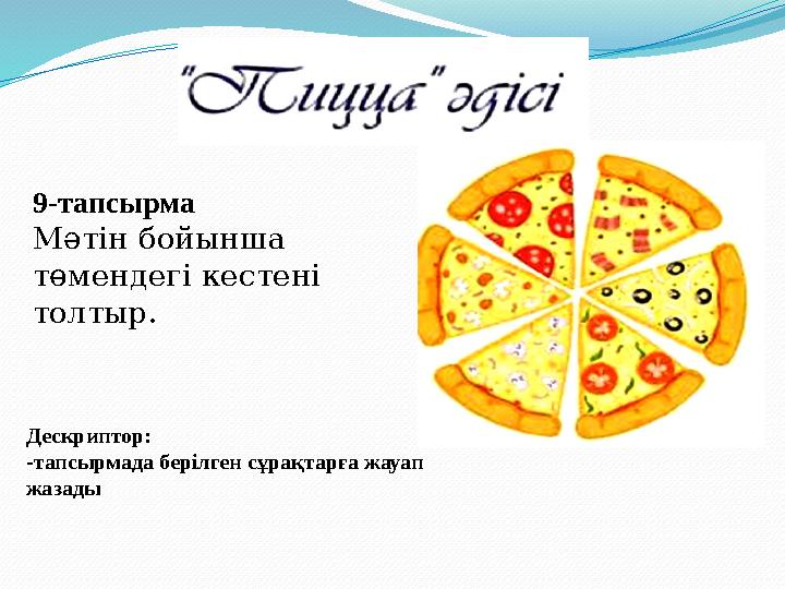 9-тапсырма Мәтін бойынша төмендегі кестені толтыр. Дескриптор: -тапсырмада берілген сұрақтарға жауап жазады