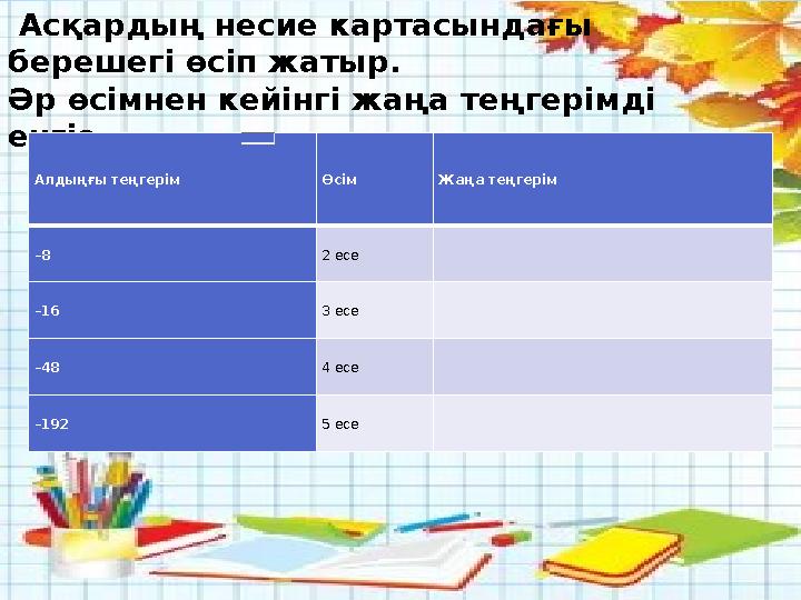 Асқардың несие картасындағы берешегі өсіп жатыр. Әр өсімнен кейінгі жаңа теңгерімді енгіз. Алдыңғы теңгерім Өс