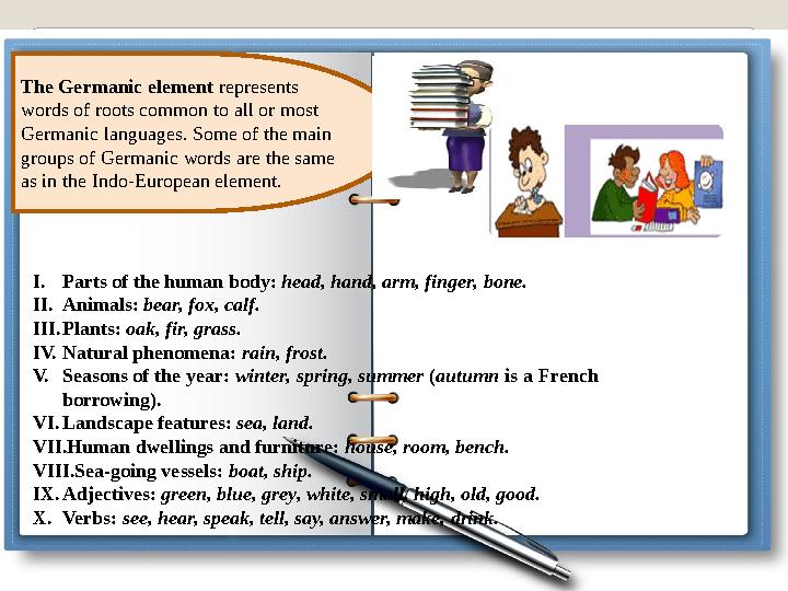 The Germanic element represents words of roots common to all or most Germanic languages. Some of the main groups of Germanic