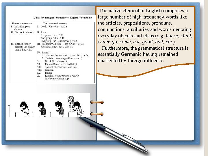 The native element in English comprises a large number of high-frequency words like the articles, prepositions, pronouns, c