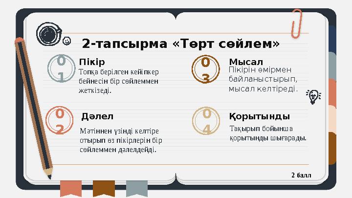 Пікір Топқа берілген кейіпкер бейнесін бір сөйлеммен жеткізеді.0 1 0 2 0 4Дәлел Мәтіннен үзінді келтіре отырып өз пікірлерін