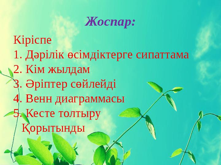 Жоспар: Кіріспе 1. Дәрілік өсімдіктерге сипаттама 2. Кім жылдам 3. Әріптер сөйлейді 4. Венн диаграммасы 5. Кесте толтыру Қорытын