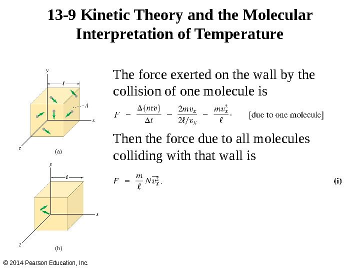 The force exerted on the wall by the collision of one molecule is Then the force due to all molecules colliding with that wall