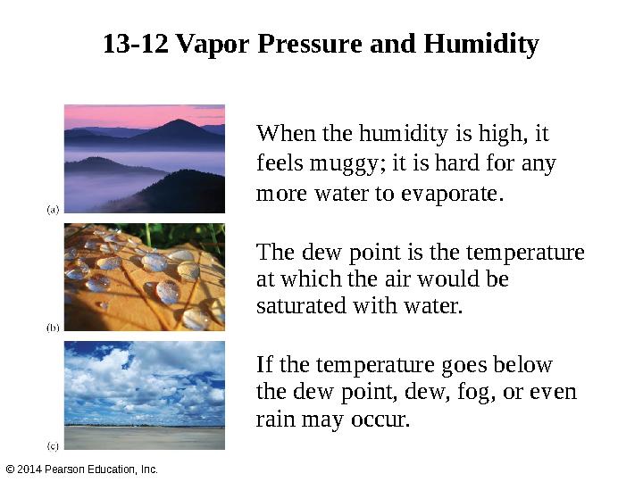 13-12 Vapor Pressure and Humidity © 2014 Pearson Education, Inc. When the humidity is high, it feels muggy; it is hard for any