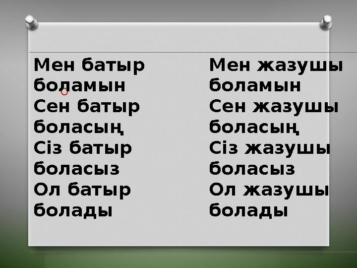 O Мен батыр боламын Сен батыр боласың Сіз батыр боласыз Ол батыр болады Мен жазушы боламын Се