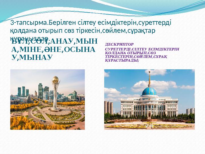 3-тапсырма.Берілген сілтеу есімдіктерін,суреттерді қолдана отырып сөз тіркесін,сөйлем,сұрақтар құраңыздар. БҰЛ,СОЛ,АНАУ,МЫН А,