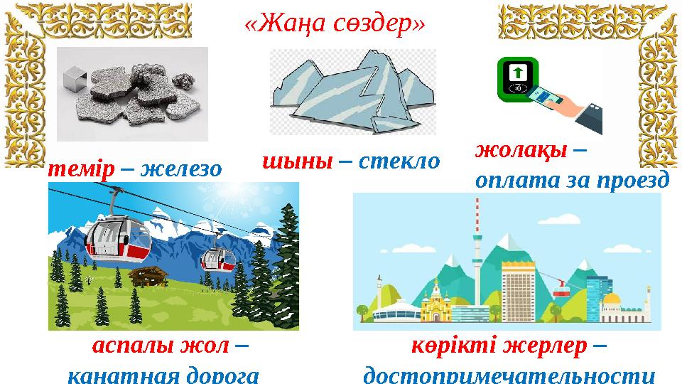 «Жаңа сөздер» темір – железо шыны – стекло жолақы – оплата за проезд аспалы жол – канатная дорога көрікті жерлер – досто