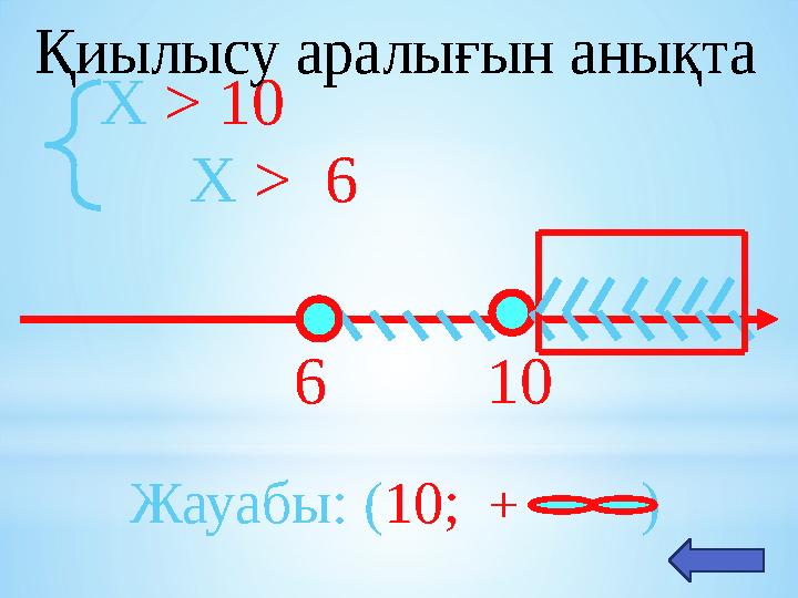 X > 1 0 X > 6 106 Жауабы: ( 10; )+Қиылысу аралығын анықта