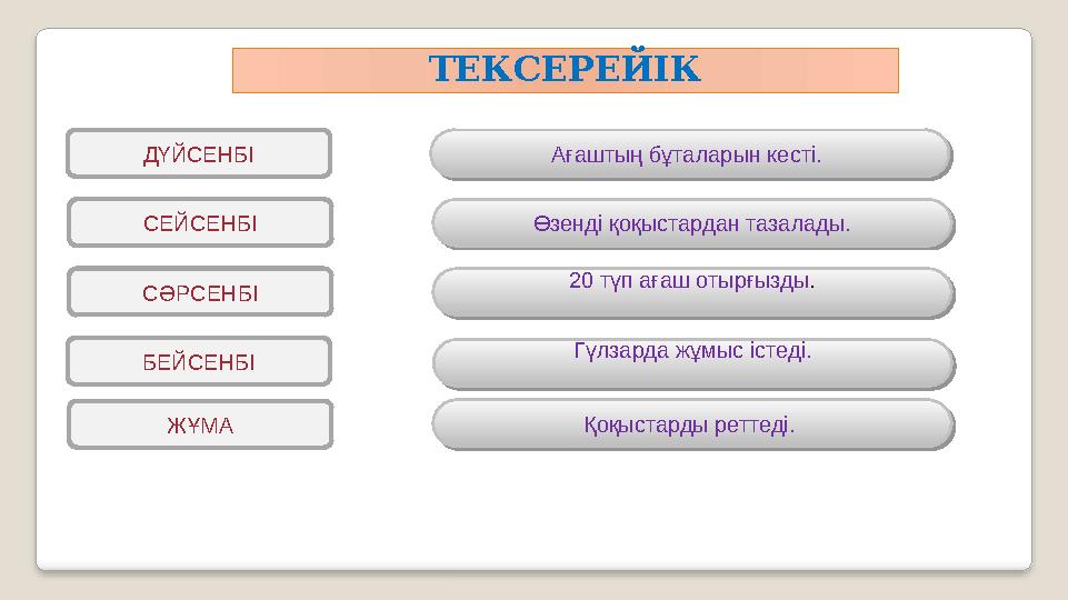 ТЕКСЕРЕЙІК ЖҰМАБЕЙСЕНБІ СӘРСЕНБІ СЕЙСЕНБІ ДҮЙСЕНБІ Өзенді қоқыстардан тазалады. Ағаштың бұталарын кесті. 20 түп ағаш отырғызды