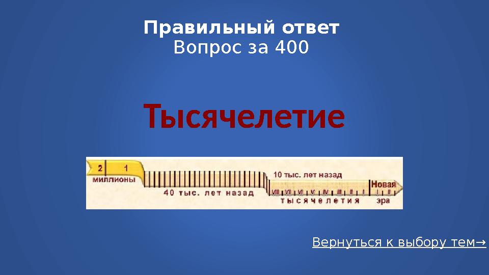 Вернуться к выбору тем→Правильный ответ Вопрос за 400 Тысячелетие