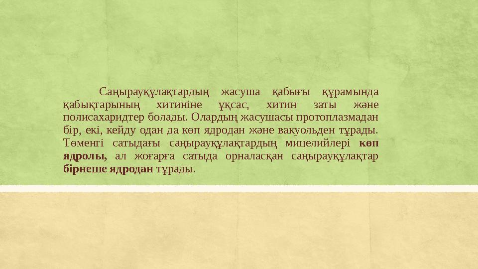 Саңырауқұлақтардың жасуша қабығы құрамында қабықтарының хитиніне ұқсас, хитин заты және полисахаридтер б