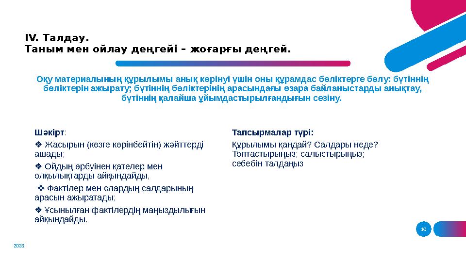 10 І V. Талдау. Таным мен ойлау деңгейі – жоғарғы деңгей. 2023 Оқу материалының құрылымы анық көрінуі үшін оны құрамдас бөлік