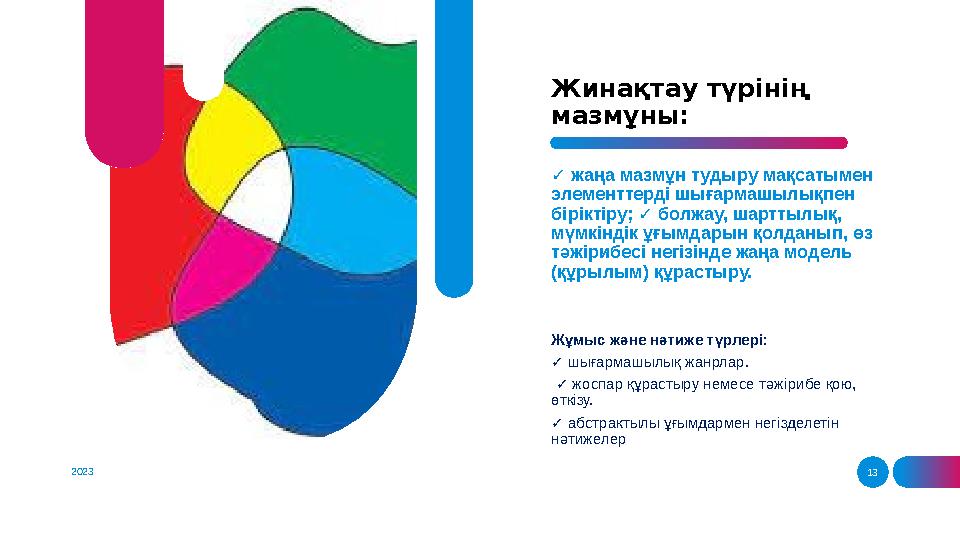 2023 13Жинақтау түрінің мазмұны: ✓ жаңа мазмұн тудыру мақсатымен элементтерд i шығармашылықпен б i р i кт i ру; болжау, ш