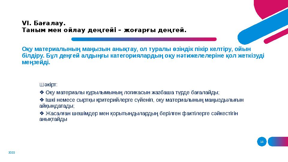 14V І. Бағалау. Таным мен ойлау деңгейі – жоғарғы деңгей. 2023 Оқу материалының маңызын анықтау, ол туралы өзіндік пікір келтір