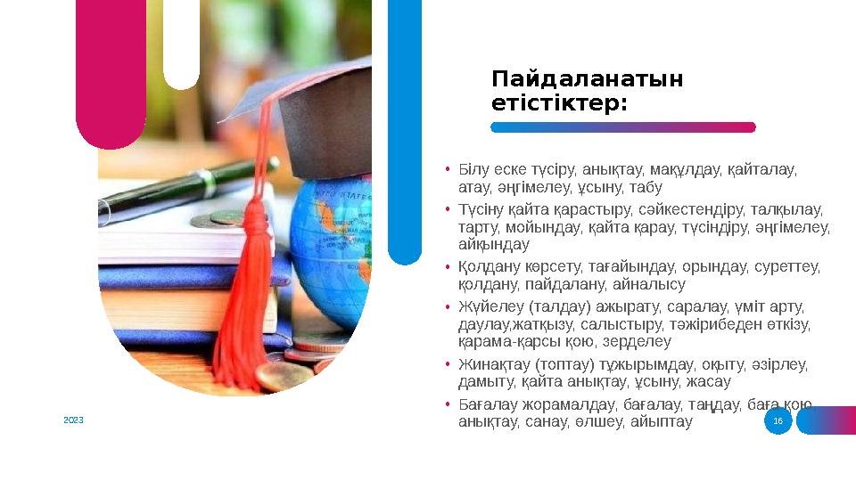 2023 16Пайдаланатын етістіктер: • Білу еске түсіру, анықтау, мақұлдау, қайталау, атау, әңгімелеу, ұсыну, табу • Түсіну қайт