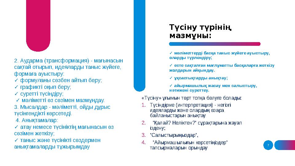 7Түсіну түрінің мазмұны: 2. Аударма (трансформация) - мағынасын сақтай отырып, идеяларды таныс жүйеге, формаға ауыстыру: ✓