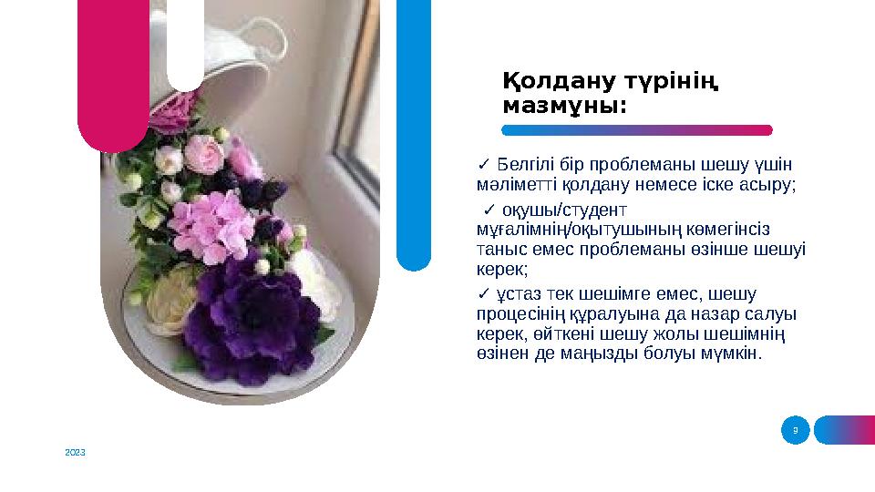 9Қолдану түрінің мазмұны: 2023 ✓ Белг i л i б i р проблеманы шешу үш i н мәл i метт i қолдану немесе i ске асыру; ✓ о