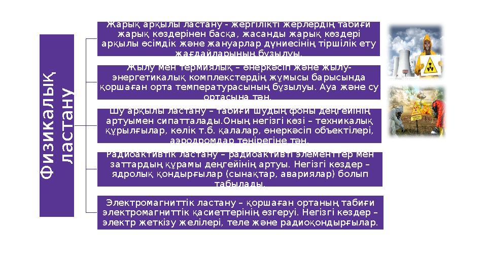 Ф и з и к а л ы қ л а с т а н уЖарық арқылы ластану - жергілікті жерлердің табиғи жарық көздерінен басқа, жасанды жарық көзд