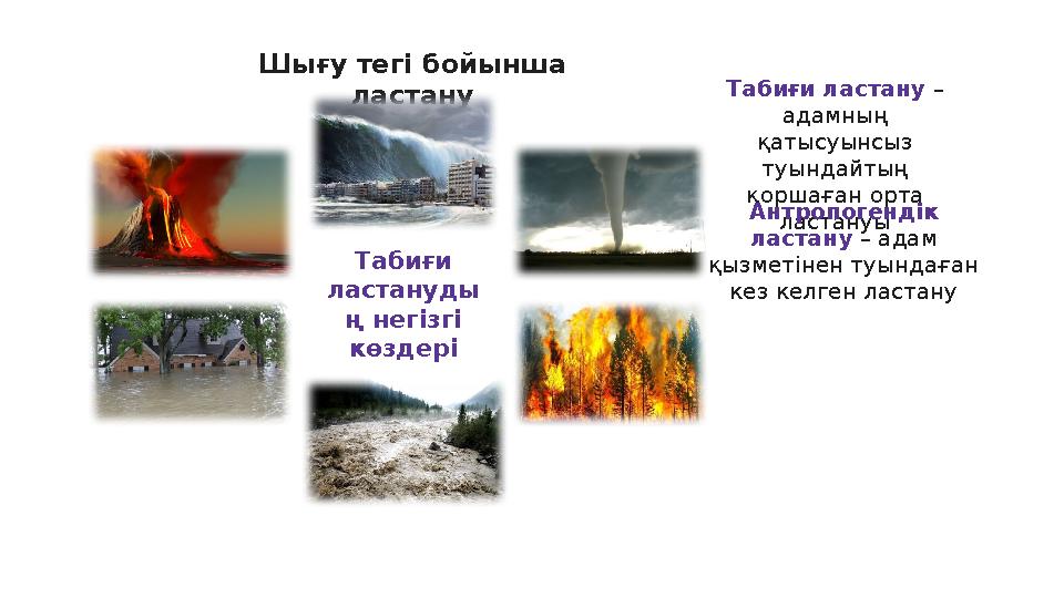 Шығу тегі бойынша ластану Табиғи ластануды ң негізгі көздері Табиғи ластану – адамның қатысуынсыз туындайтың қоршаған ор