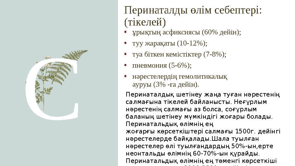 С Перинаталды өлім себептері: (тікелей) • ұрықтың асфиксиясы (60% дейін); • туу жарақаты (10-12%); • туа біткен кемістіктер (7-8