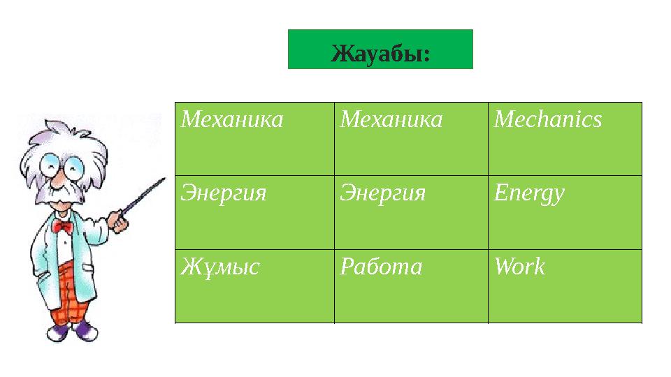 Механика Механика Mechanics Энергия Энергия Energy Жұмыс Работа WorkЖауабы: