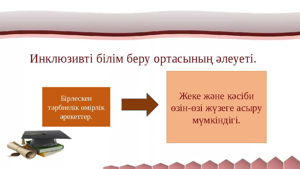 Инклюзивті білім беру ортасының әлеуеті. Бірлескен тәрбиелік өмірлік әрекеттер. Жеке және кәсіби өзін-өзі жүзеге асыру мүмкі