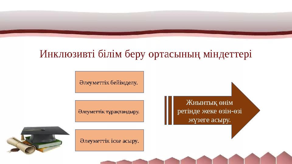 Инклюзивті білім беру ортасының міндеттері Әлеуметтік бейімделу. Әлеуметтік тұрақтандыру. Әлеуметтік іске асыру. Жиынтық өнім