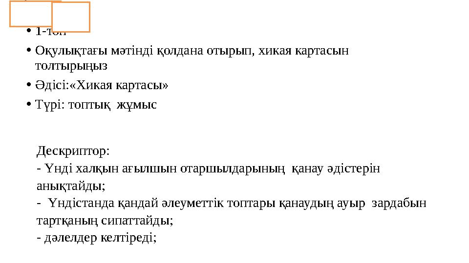 • 1-топ • Оқулықтағы мәтінді қолдана отырып, хикая картасын толтырыңыз • Әдісі:«Хикая картасы» • Түрі: топтық жұмыс Дескрипто