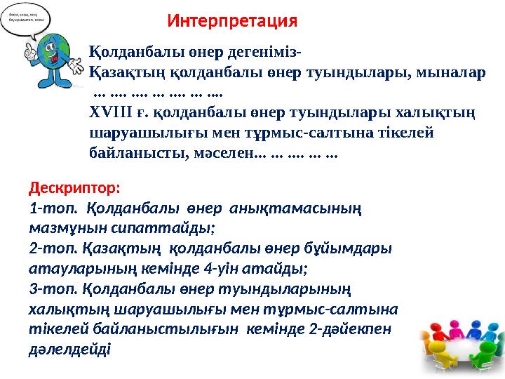 Интерпретация Дескриптор: 1-топ. Қолданбалы өнер анықтамасының мазмұнын сипаттайды; 2-топ. Қазақтың қолданбалы өнер бұйымд