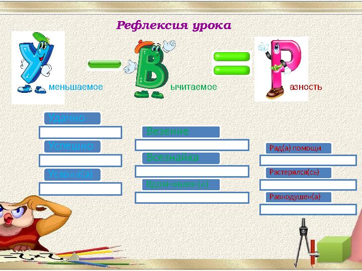Удачно Успешно Усвоил(а) Везение Всезнайка Вдохновлен(а) Рад(а) помощи Растерялся(сь) Равнодушен(а)Рефлексия урока меньшаемое ыч Удачно Успешно Усвоил(а) Везение Всезнайка Вдохновлен(а) Рад(а) помощи Растерялся(сь) Равнодушен(а)Рефлексия урока меньшаемое ыч