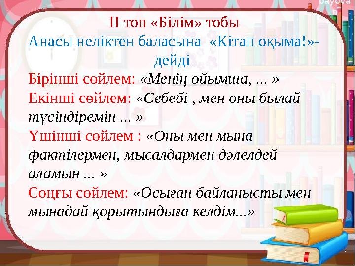 IІ топ «Білім» тобы Анасы неліктен баласына «Кітап оқыма!»- дейді Бірінші сөйлем: «Менің ойымша, ... » Екінші сөйлем: «Себе