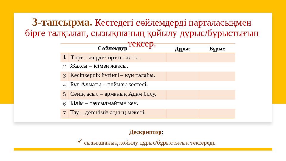 3-тапсырма. Кестедегі сөйлемдерді парталасыңмен бірге талқылап, сызықшаның қойылу дұрыс/бұрыстығын тексер. Дескриптор :