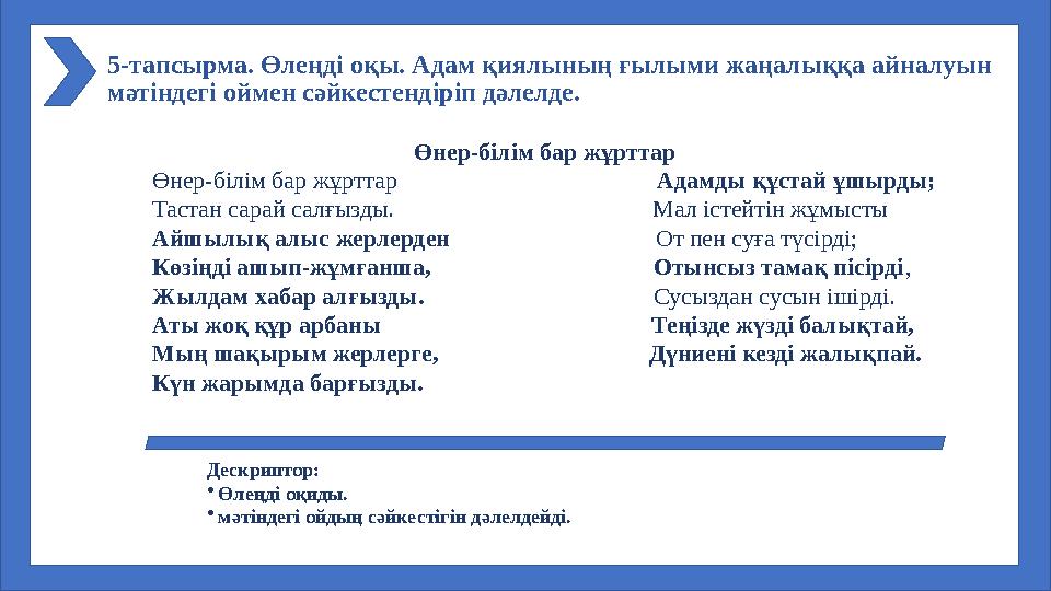 5-тапсырма. Өлеңді оқы. Адам қиялының ғылыми жаңалыққа айналуын мәтіндегі оймен сәйкестендіріп дәлелде. Өнер-білім бар жұрттар