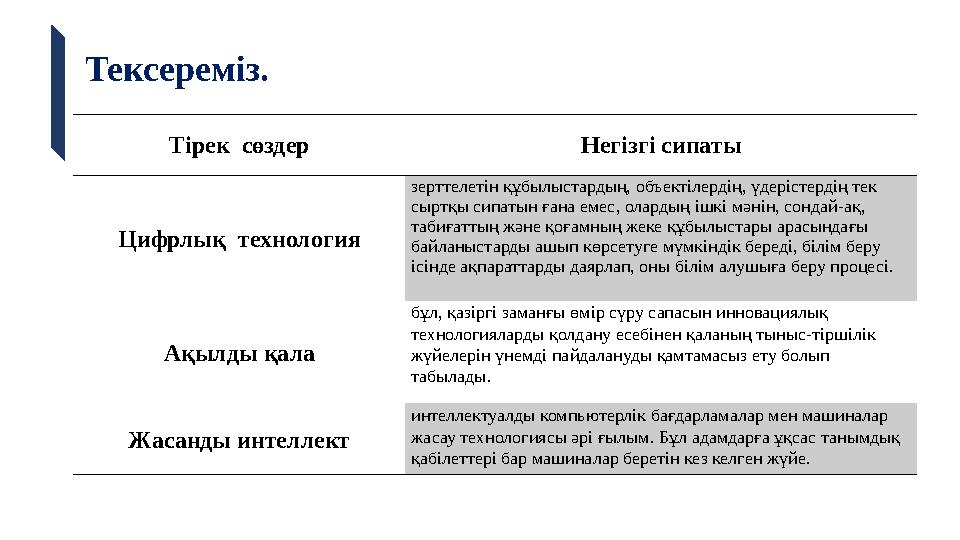 Тірек сөздер Негізгі сипаты Цифрлық технология зерттелетін құбылыстардың, объектілердің, үдерістердің тек сыртқы сипатын ғана