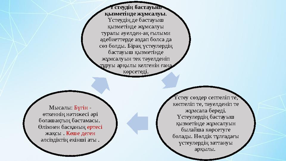 Үстеудің бастауыш қызметінде жұмсалуы . Үстеудің де бастауыш қызметінде жұмсалуы туралы әуелден-ақ ғылыми әдебиеттерде азда