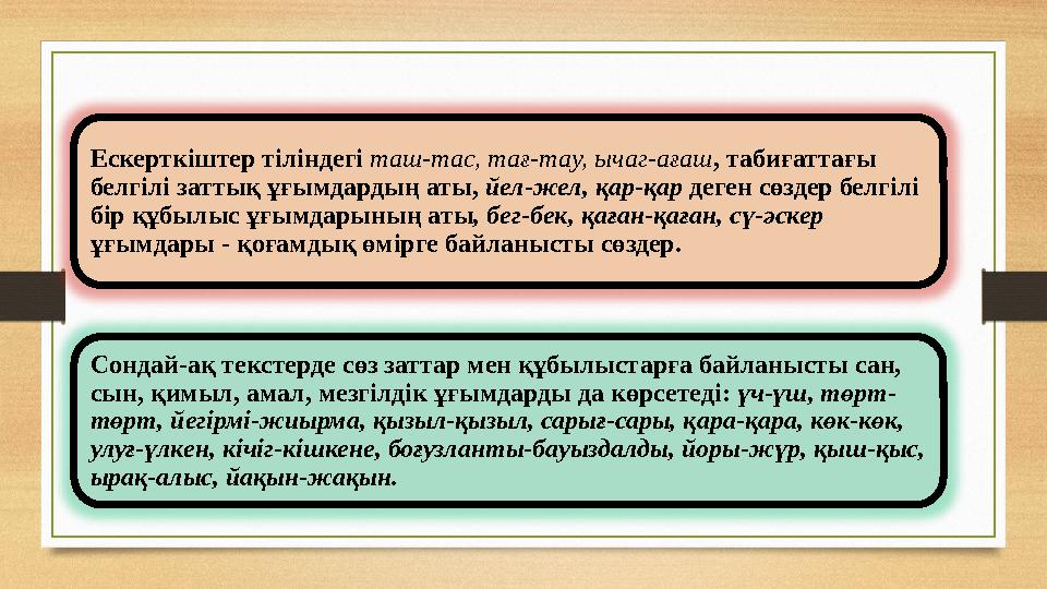 Ескерткіштер тіліндегі таш-тас, тағ-тау, ычаг-ағаш , табиғаттағы белгілі заттық ұғымдардың аты, йел-жел, қар-қар деген сөзде