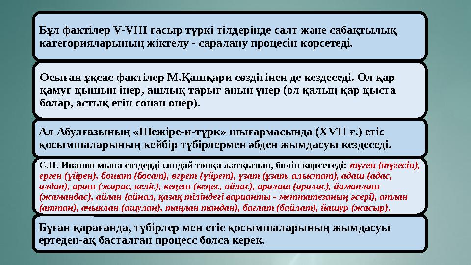 Бұл фактілер V-V ІІІ ғасыр түркі тілдерінде салт және сабақтылық категорияларының жіктелу - саралану процесін көрсетеді. Осығ